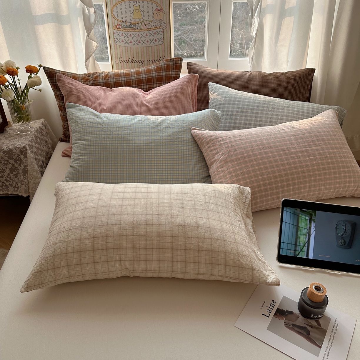 91家纺网 家纺一手货源 找家纺 六巷胡同 2026新款A类全棉纯棉水洗棉色织格子单品枕套 枕套单件 组合图仅供展示不可下单