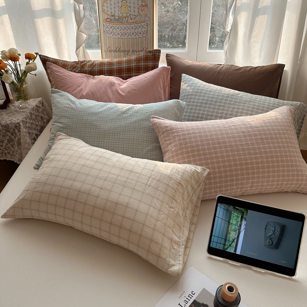91家纺网 家纺一手货源 找家纺 六巷胡同 2026新款A类全棉纯棉水洗棉色织格子单品枕套 枕套单件 组合图仅供展示不可下单