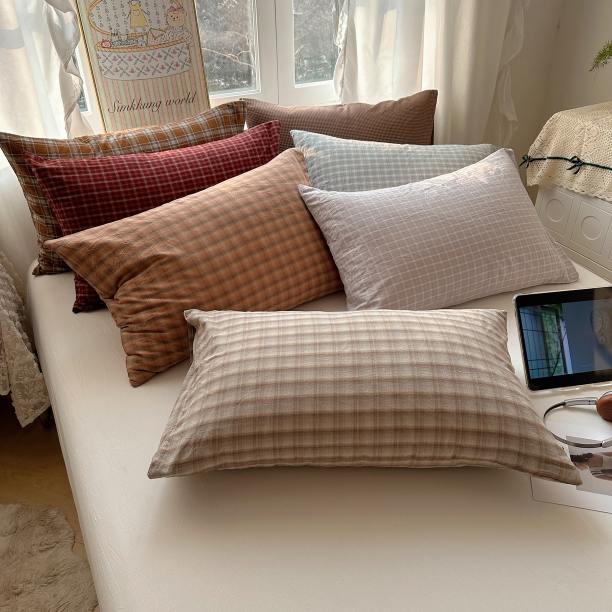 91家纺网 家纺一手货源 找家纺 六巷胡同 2026新款A类全棉纯棉水洗棉色织格子单品枕套 枕套单件 组合图仅供展示不可下单