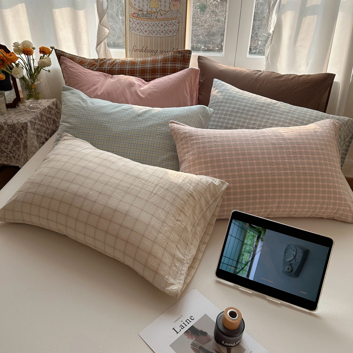 91家纺网 家纺一手货源 找家纺 六巷胡同 2026新款A类全棉纯棉水洗棉色织格子单品枕套 枕套单件 组合图仅供展示不可下单