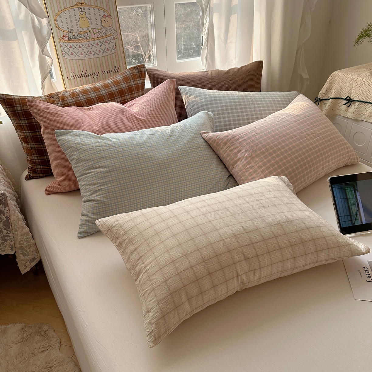 91家纺网 家纺一手货源 找家纺 六巷胡同 2026新款A类全棉纯棉水洗棉色织格子单品枕套 枕套单件 组合图仅供展示不可下单
