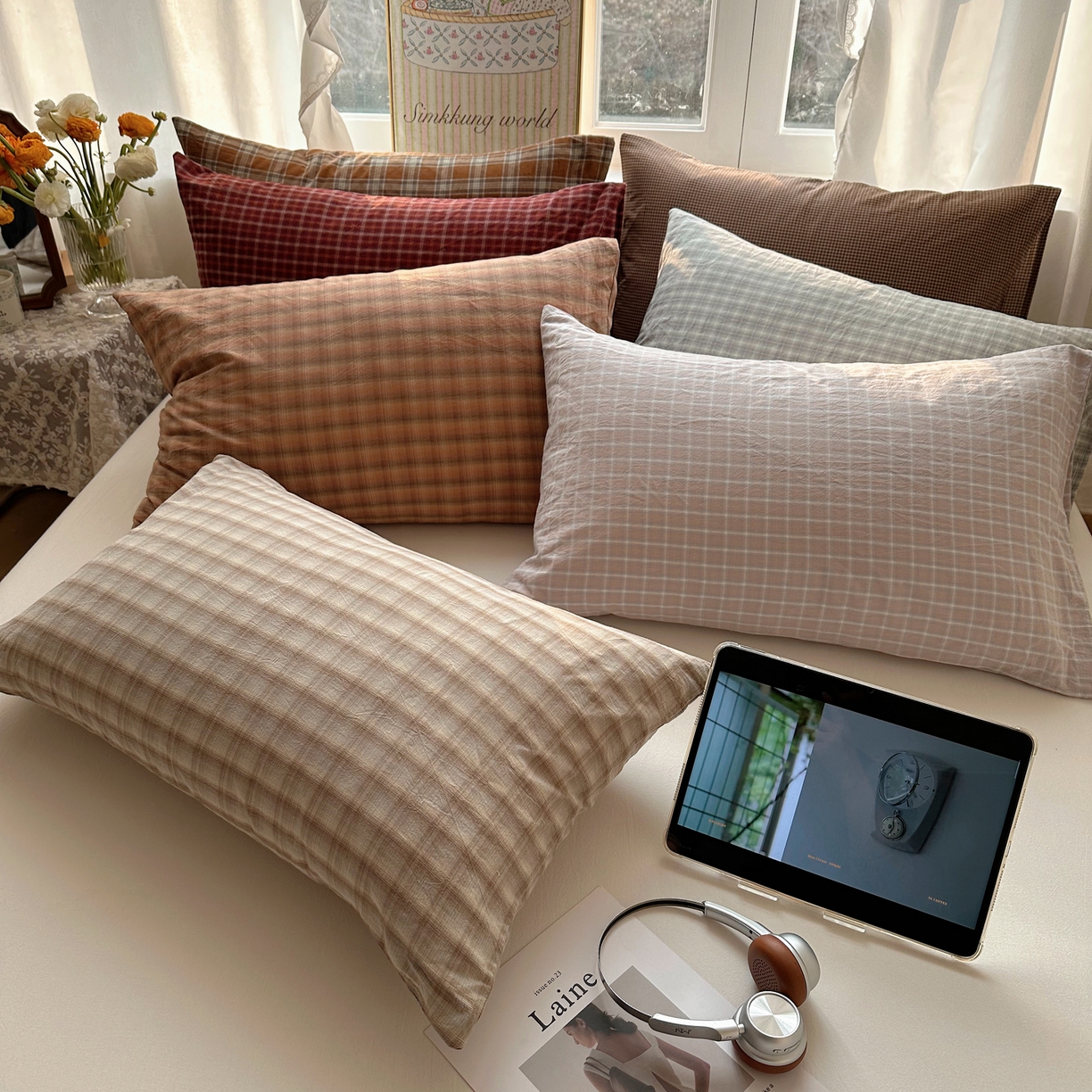 91家纺网 家纺一手货源 找家纺 六巷胡同 2026新款A类全棉纯棉水洗棉色织格子单品枕套 枕套单件 组合图仅供展示不可下单