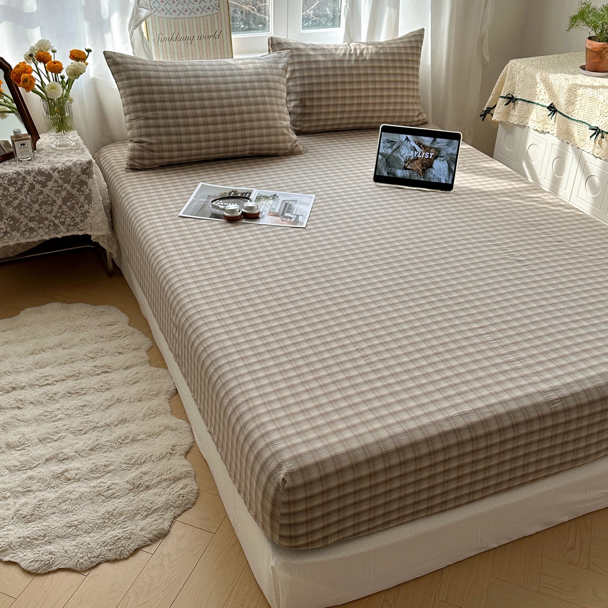 （总）六巷胡同 2026新款A类全棉纯棉水洗棉色织格子单品床笠 床笠单件