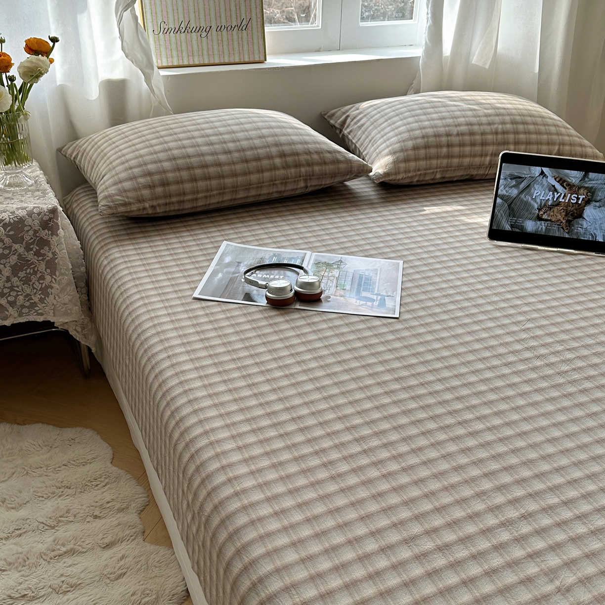 91家纺网 家纺一手货源 找家纺 （总）六巷胡同 2026新款A类全棉纯棉水洗棉色织格子单品床笠 床笠单件