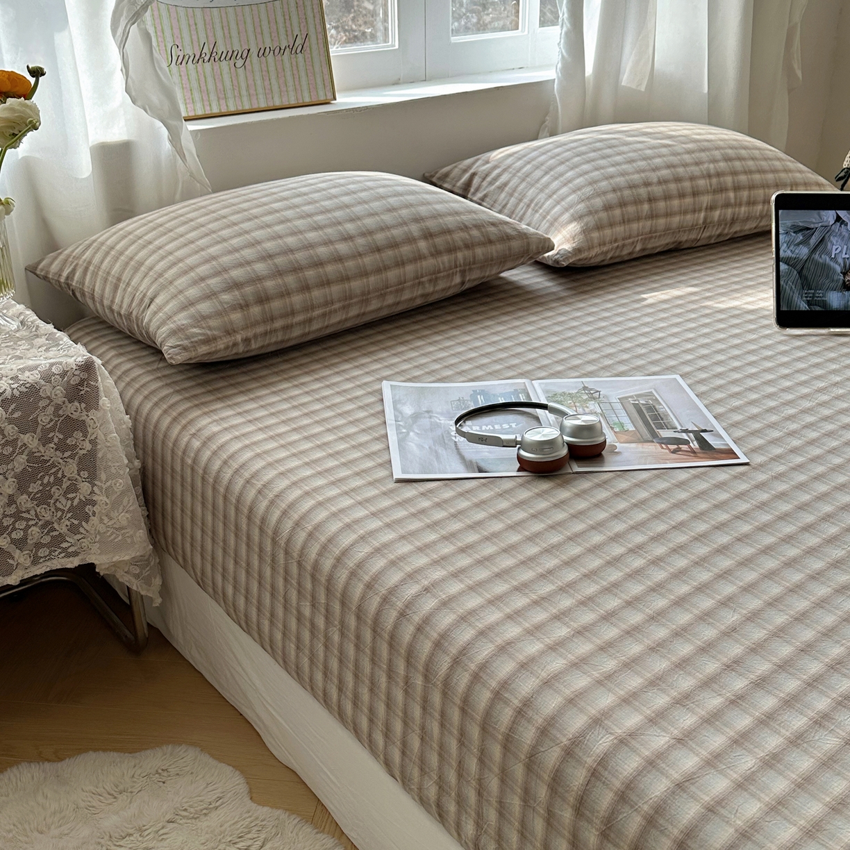 91家纺网 家纺一手货源 找家纺 （总）六巷胡同 2026新款A类全棉纯棉水洗棉色织格子单品床笠 床笠单件