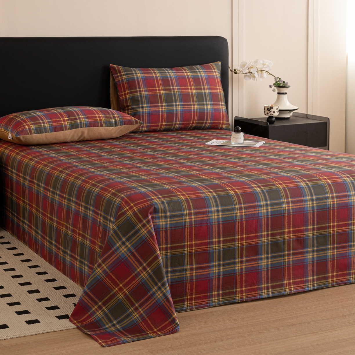 91家纺网 家纺一手货源 找家纺 简宜家居（朝初家纺） 2026新款40支13070全棉简约格子系列A版床单 英伦-炽焰红