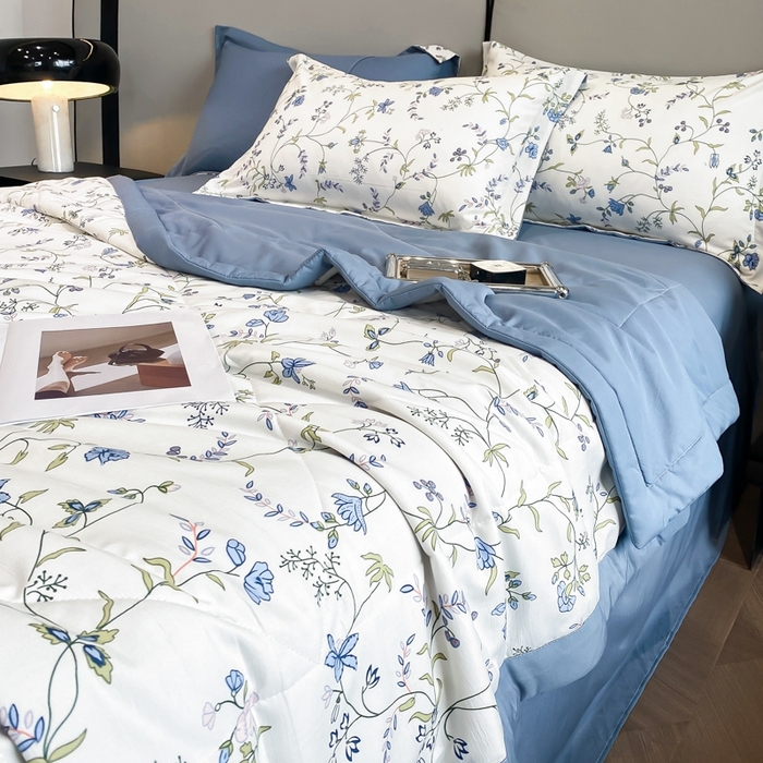 91家纺网 家纺一手货源 找家纺 帕拉美拉 2026新款A类棉麻夏被四件套 夕颜-蓝