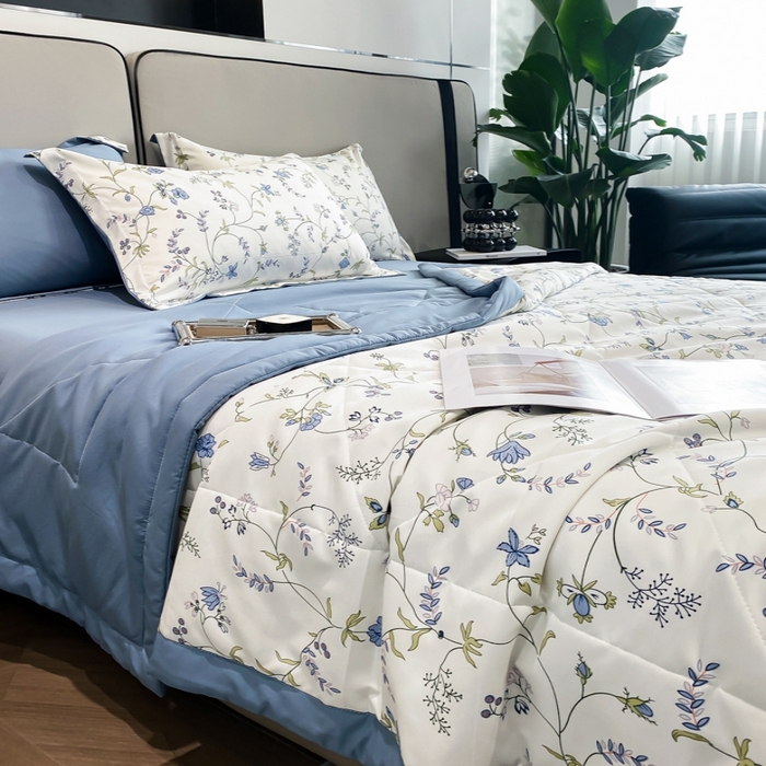 91家纺网 家纺一手货源 找家纺 帕拉美拉 2026新款A类棉麻夏被四件套 夕颜-蓝