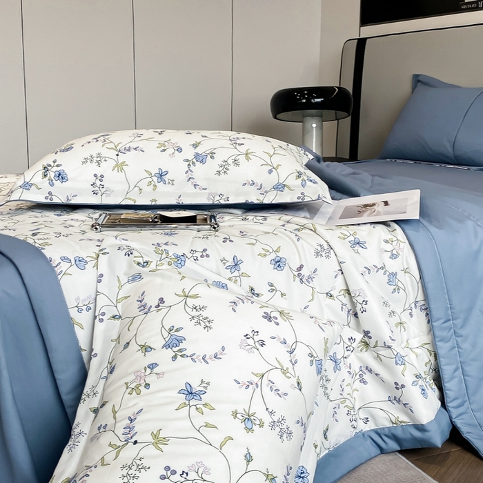 91家纺网 家纺一手货源 找家纺 帕拉美拉 2026新款A类棉麻夏被四件套 夕颜-蓝