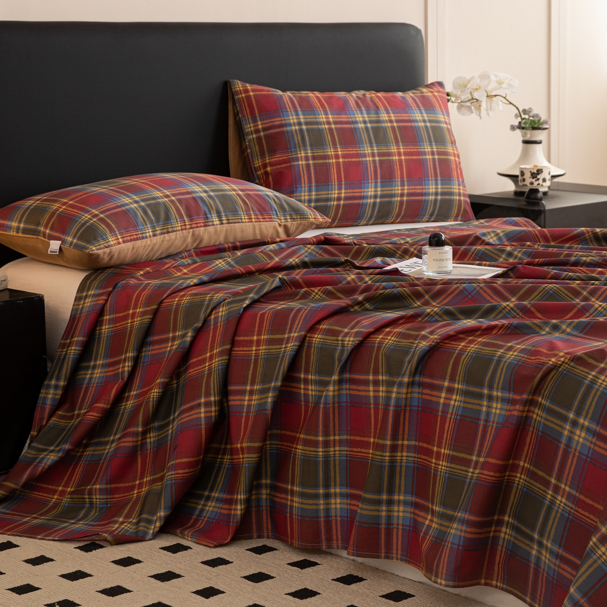 91家纺网 家纺一手货源 找家纺 简宜家居（朝初家纺） 2026新款40支13070全棉简约格子系列A版床单 英伦-炽焰红