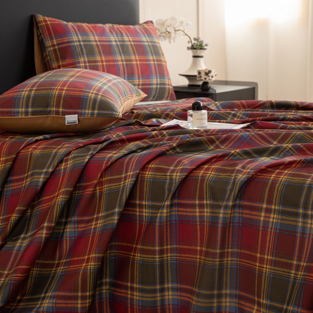 91家纺网 家纺一手货源 找家纺 简宜家居（朝初家纺） 2026新款40支13070全棉简约格子系列A版床单 英伦-炽焰红