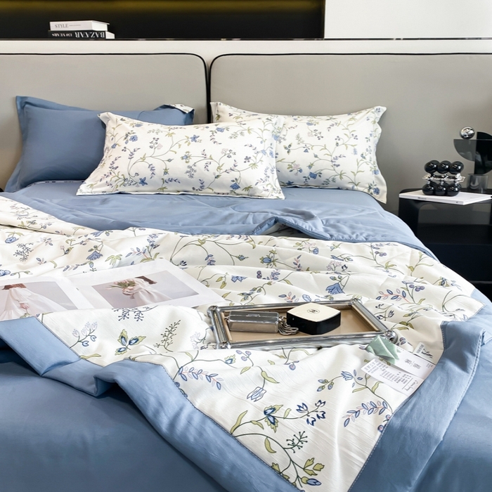 91家纺网 家纺一手货源 找家纺 帕拉美拉 2026新款A类棉麻夏被四件套 夕颜-蓝