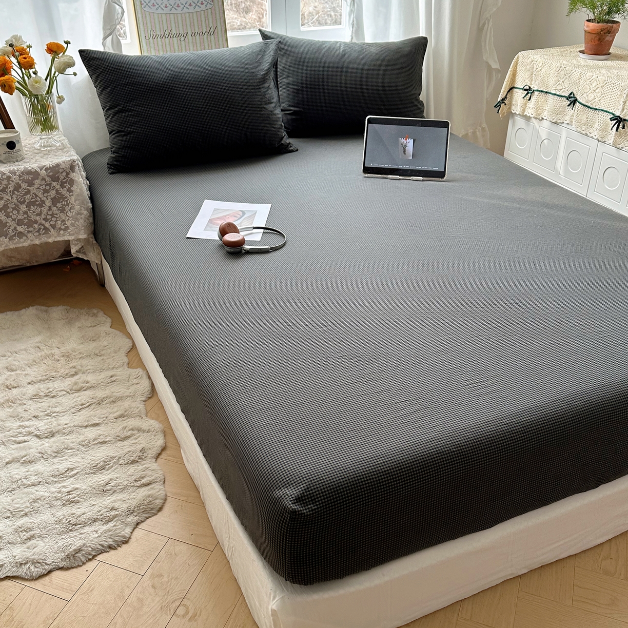 91家纺网 家纺一手货源 找家纺 六巷胡同 2026新款A类全棉纯棉水洗棉色织格子单品床笠 床笠单件 觅影-黑格