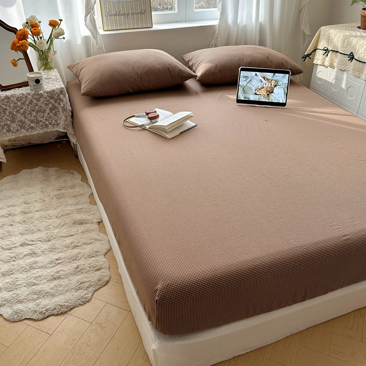 91家纺网 家纺一手货源 找家纺 六巷胡同 2026新款A类全棉纯棉水洗棉色织格子单品床笠 床笠单件 觅影-咖格