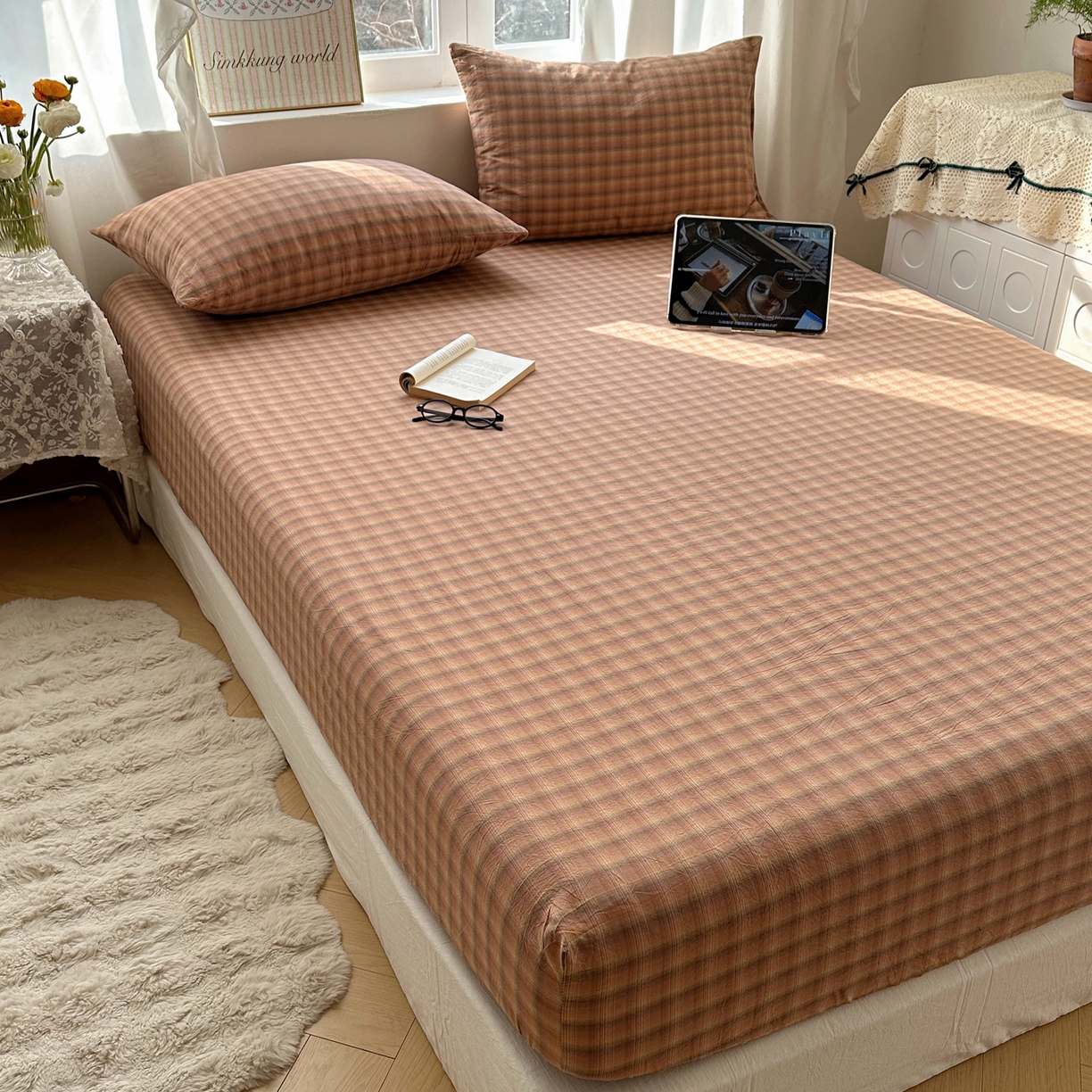 91家纺网 家纺一手货源 找家纺 六巷胡同 2026新款A类全棉纯棉水洗棉色织格子单品床笠 床笠单件 巷往-橘格