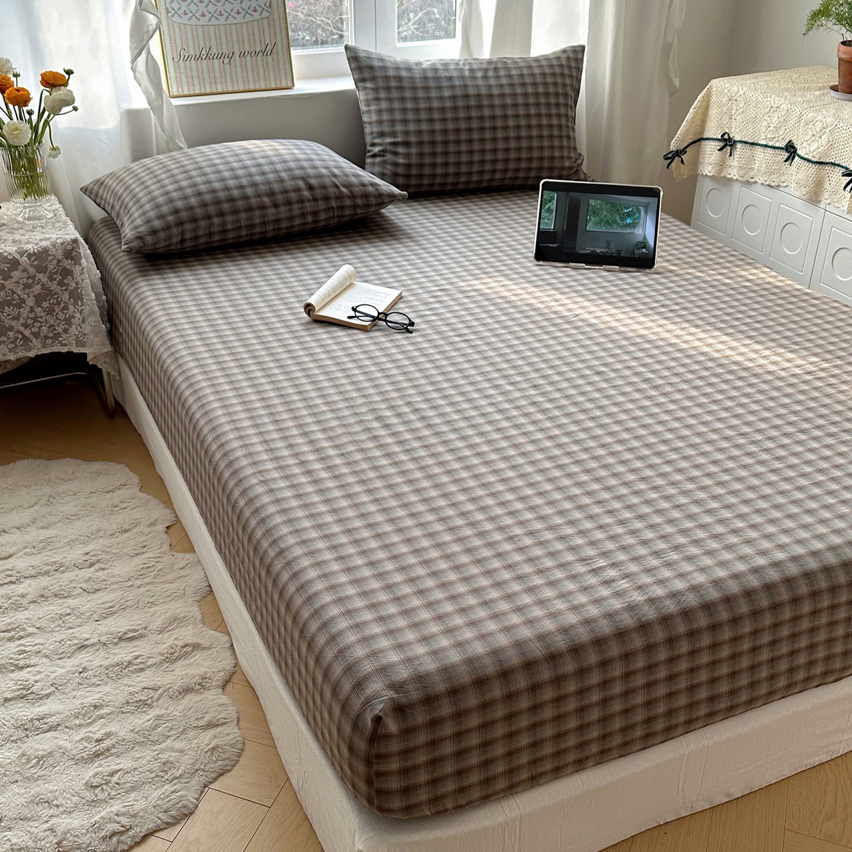 91家纺网 家纺一手货源 找家纺 六巷胡同 2026新款A类全棉纯棉水洗棉色织格子单品床笠 床笠单件 巷往-蓝格