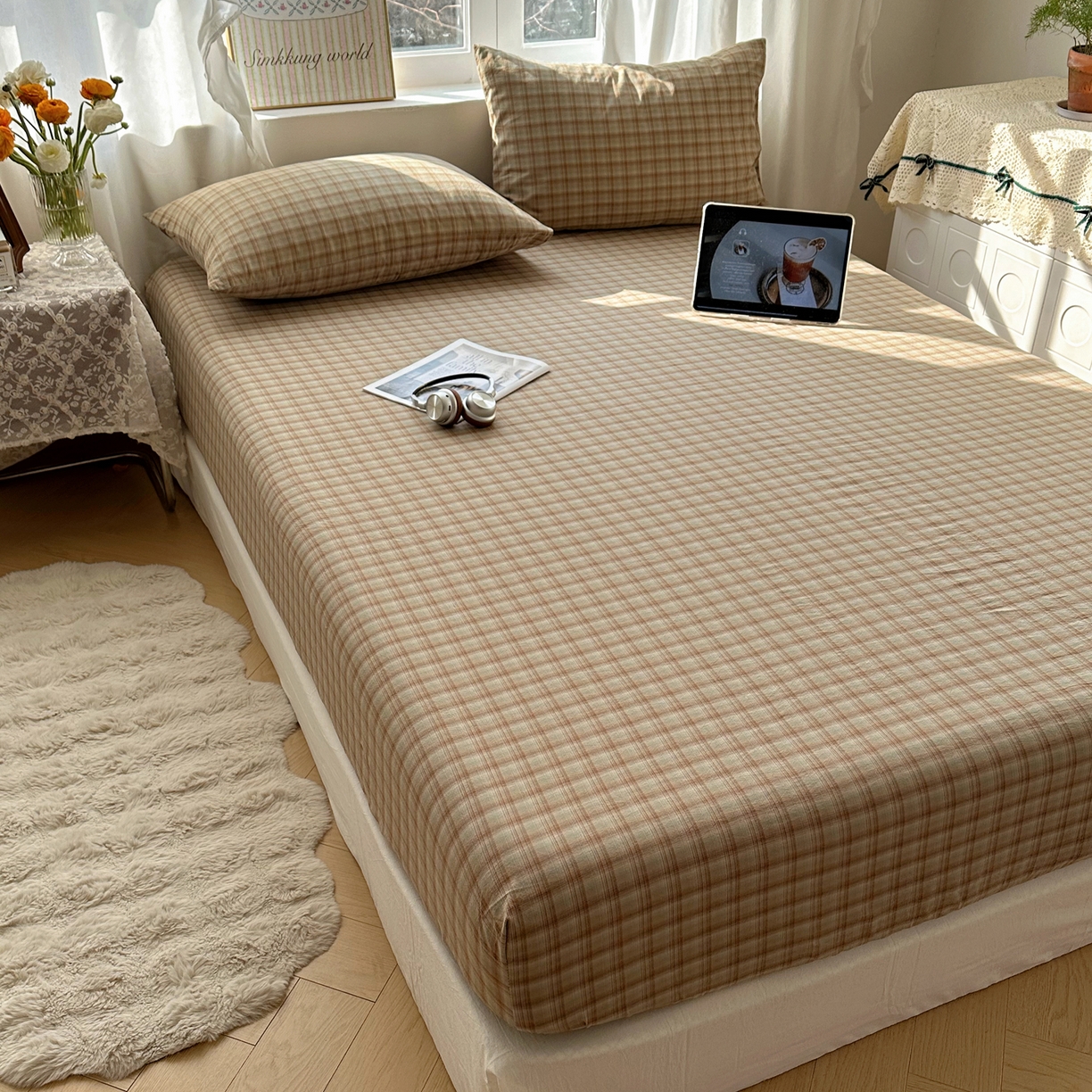 91家纺网 家纺一手货源 找家纺 六巷胡同 2026新款A类全棉纯棉水洗棉色织格子单品床笠 床笠单件 巷往-绿格