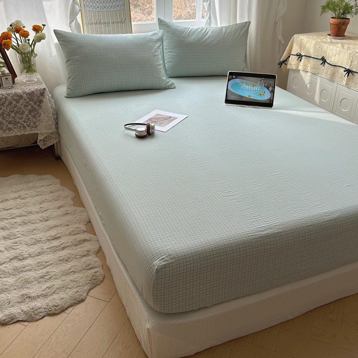 91家纺网 家纺一手货源 找家纺 （总）六巷胡同 2026新款A类全棉纯棉水洗棉色织格子单品床笠 床笠单件