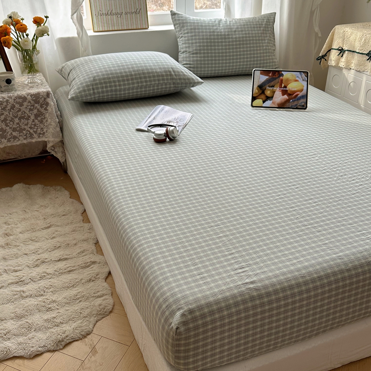 91家纺网 家纺一手货源 找家纺 （总）六巷胡同 2026新款A类全棉纯棉水洗棉色织格子单品床笠 床笠单件