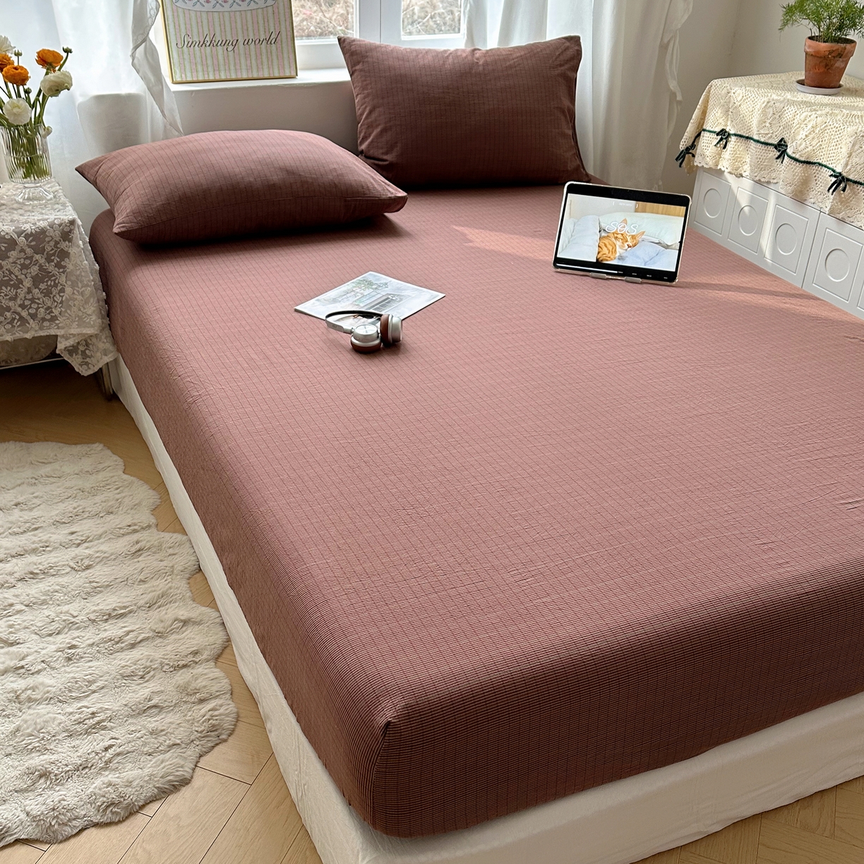 91家纺网 家纺一手货源 找家纺 （总）六巷胡同 2026新款A类全棉纯棉水洗棉色织格子单品床笠 床笠单件