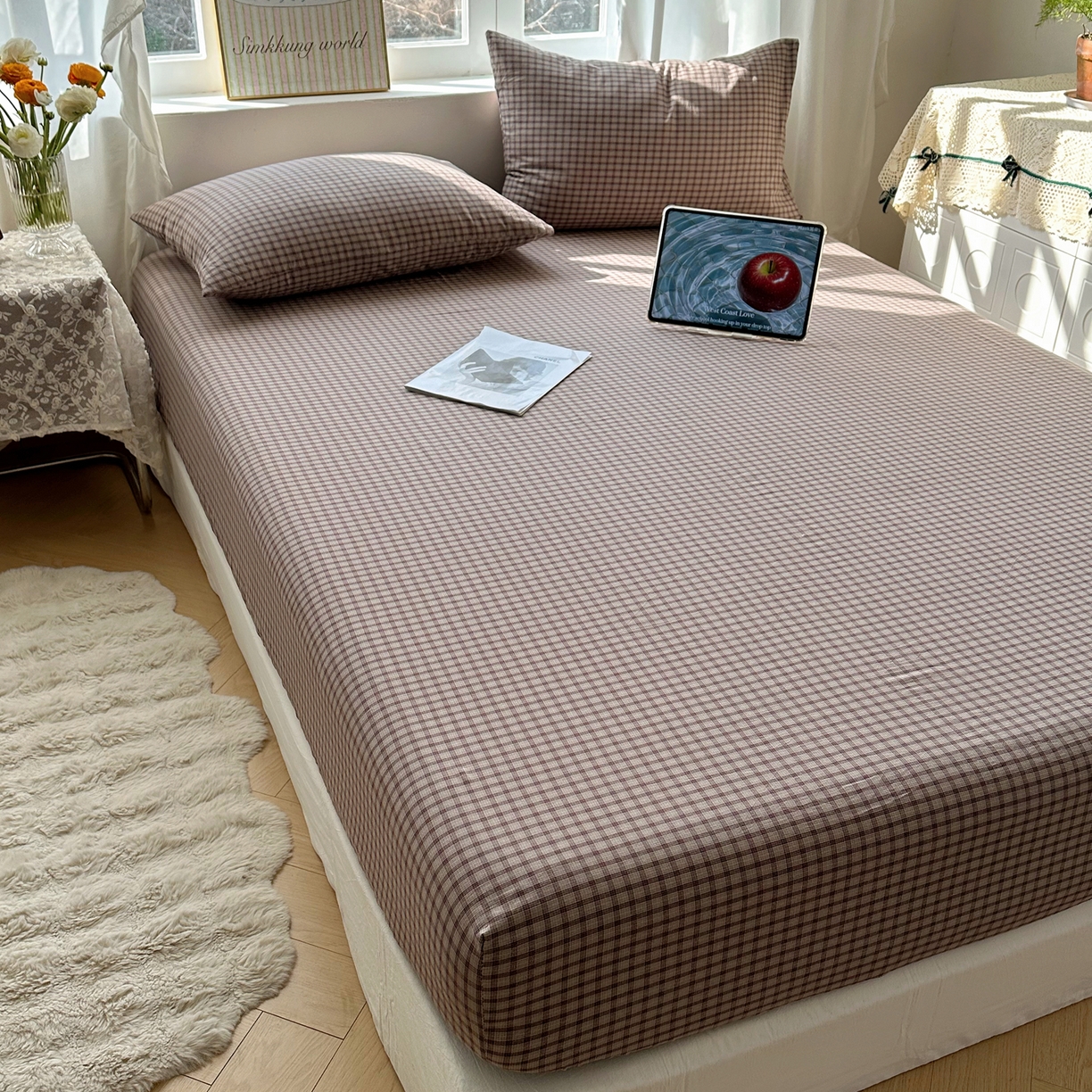 六巷胡同 2026新款A类全棉纯棉水洗棉色织格子单品床笠 床笠单件 追光-米格