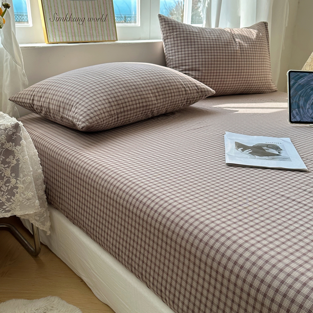 91家纺网 家纺一手货源 找家纺 六巷胡同 2026新款A类全棉纯棉水洗棉色织格子单品床笠 床笠单件 追光-米格