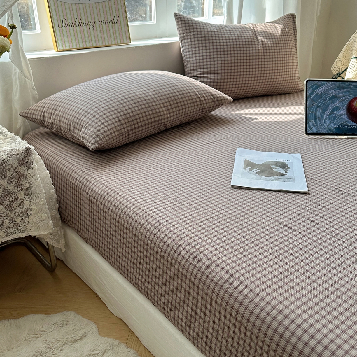91家纺网 家纺一手货源 找家纺 六巷胡同 2026新款A类全棉纯棉水洗棉色织格子单品床笠 床笠单件 追光-米格