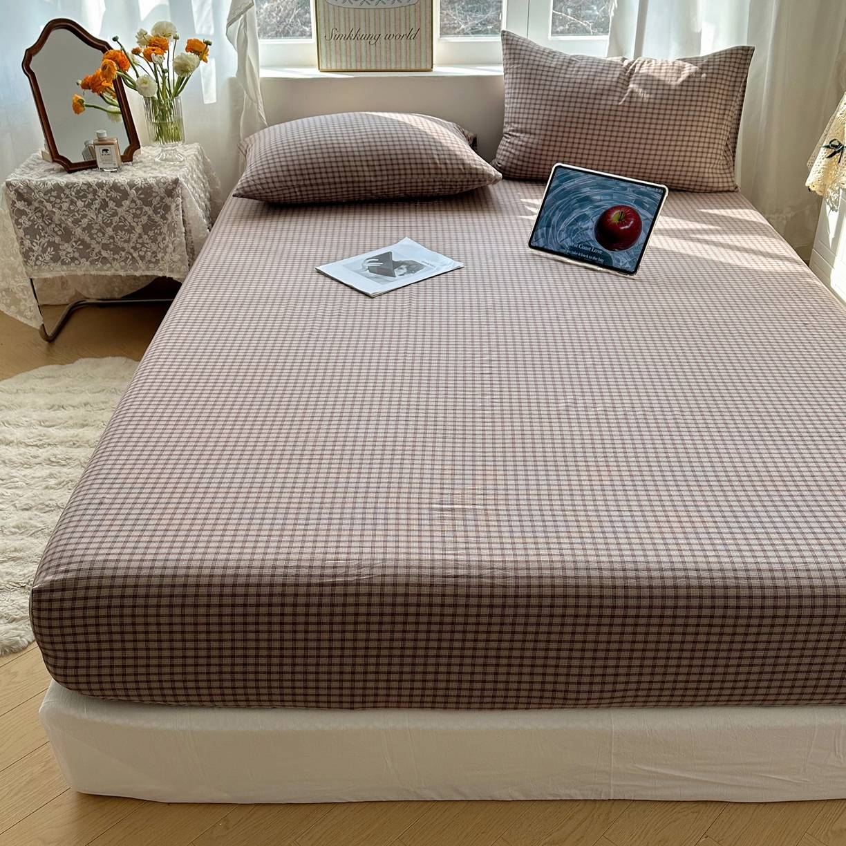 91家纺网 家纺一手货源 找家纺 六巷胡同 2026新款A类全棉纯棉水洗棉色织格子单品床笠 床笠单件 追光-米格