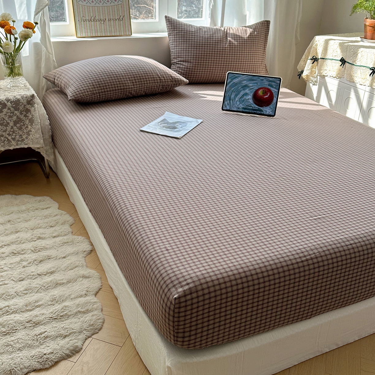 91家纺网 家纺一手货源 找家纺 六巷胡同 2026新款A类全棉纯棉水洗棉色织格子单品床笠 床笠单件 追光-米格
