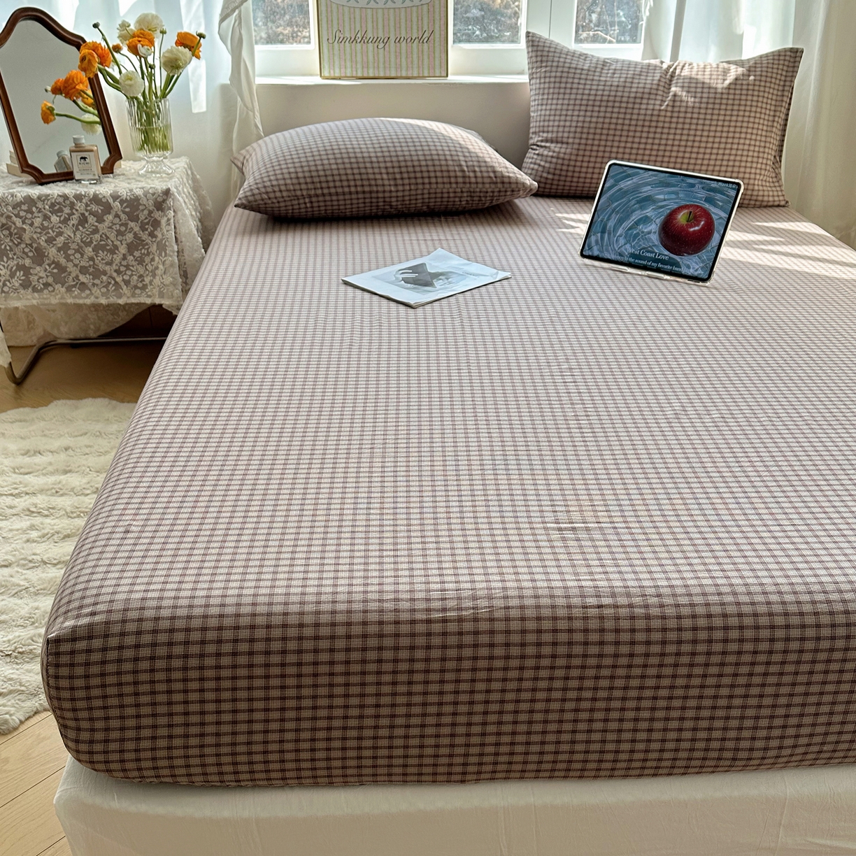91家纺网 家纺一手货源 找家纺 六巷胡同 2026新款A类全棉纯棉水洗棉色织格子单品床笠 床笠单件 追光-米格