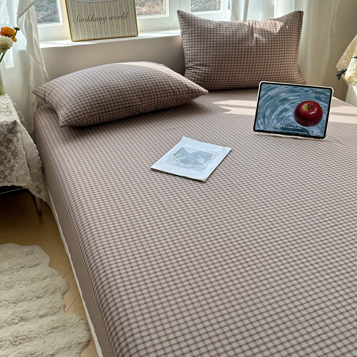 91家纺网 家纺一手货源 找家纺 六巷胡同 2026新款A类全棉纯棉水洗棉色织格子单品床笠 床笠单件 追光-米格