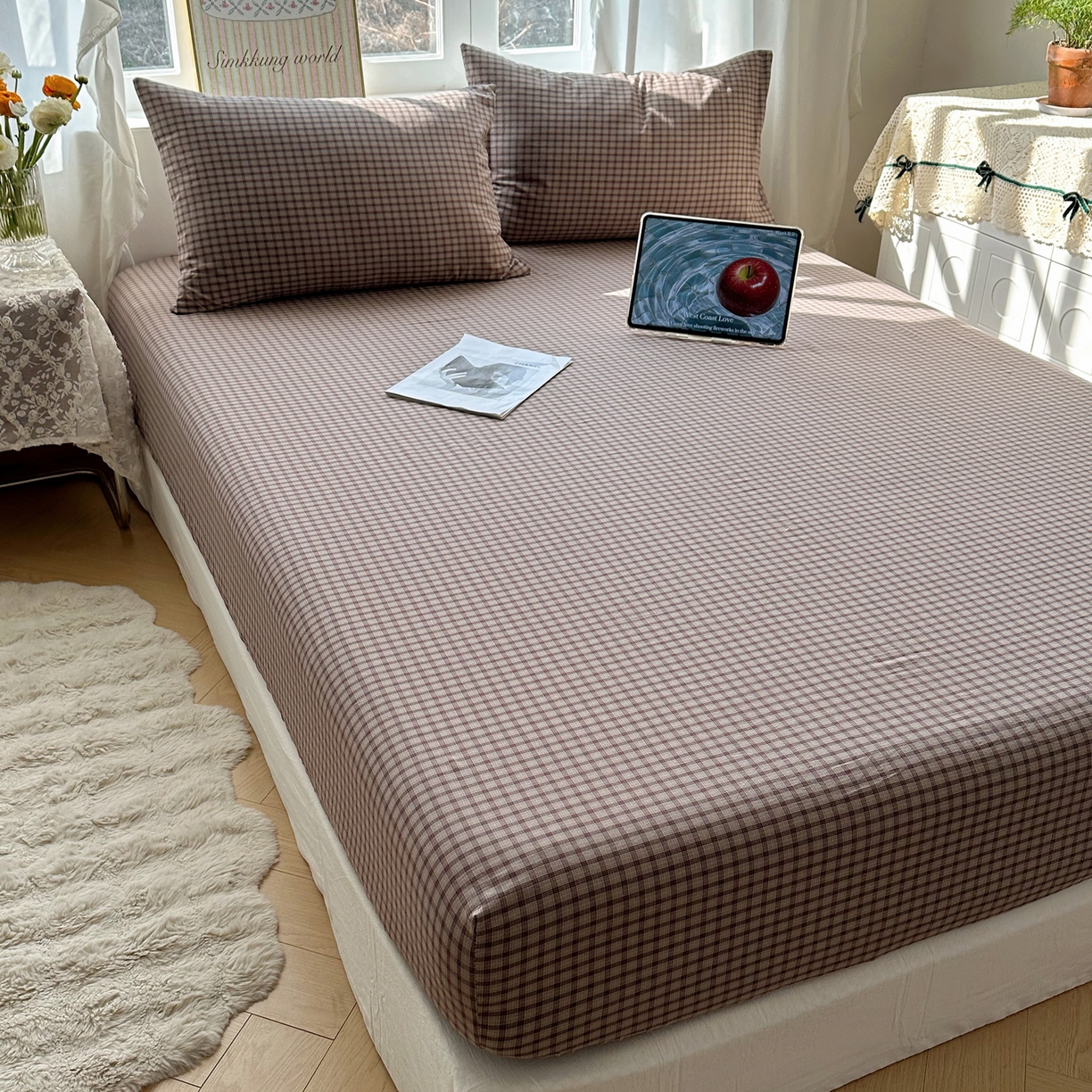91家纺网 家纺一手货源 找家纺 六巷胡同 2026新款A类全棉纯棉水洗棉色织格子单品床笠 床笠单件 追光-米格