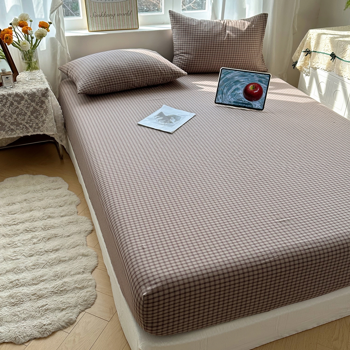 91家纺网 家纺一手货源 找家纺 六巷胡同 2026新款A类全棉纯棉水洗棉色织格子单品床笠 床笠单件 追光-米格