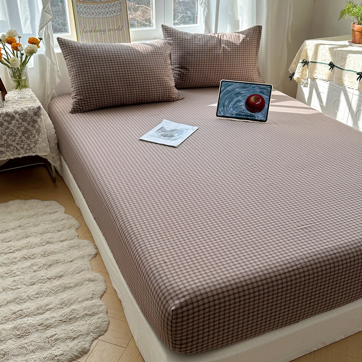 91家纺网 家纺一手货源 找家纺 六巷胡同 2026新款A类全棉纯棉水洗棉色织格子单品床笠 床笠单件 追光-米格