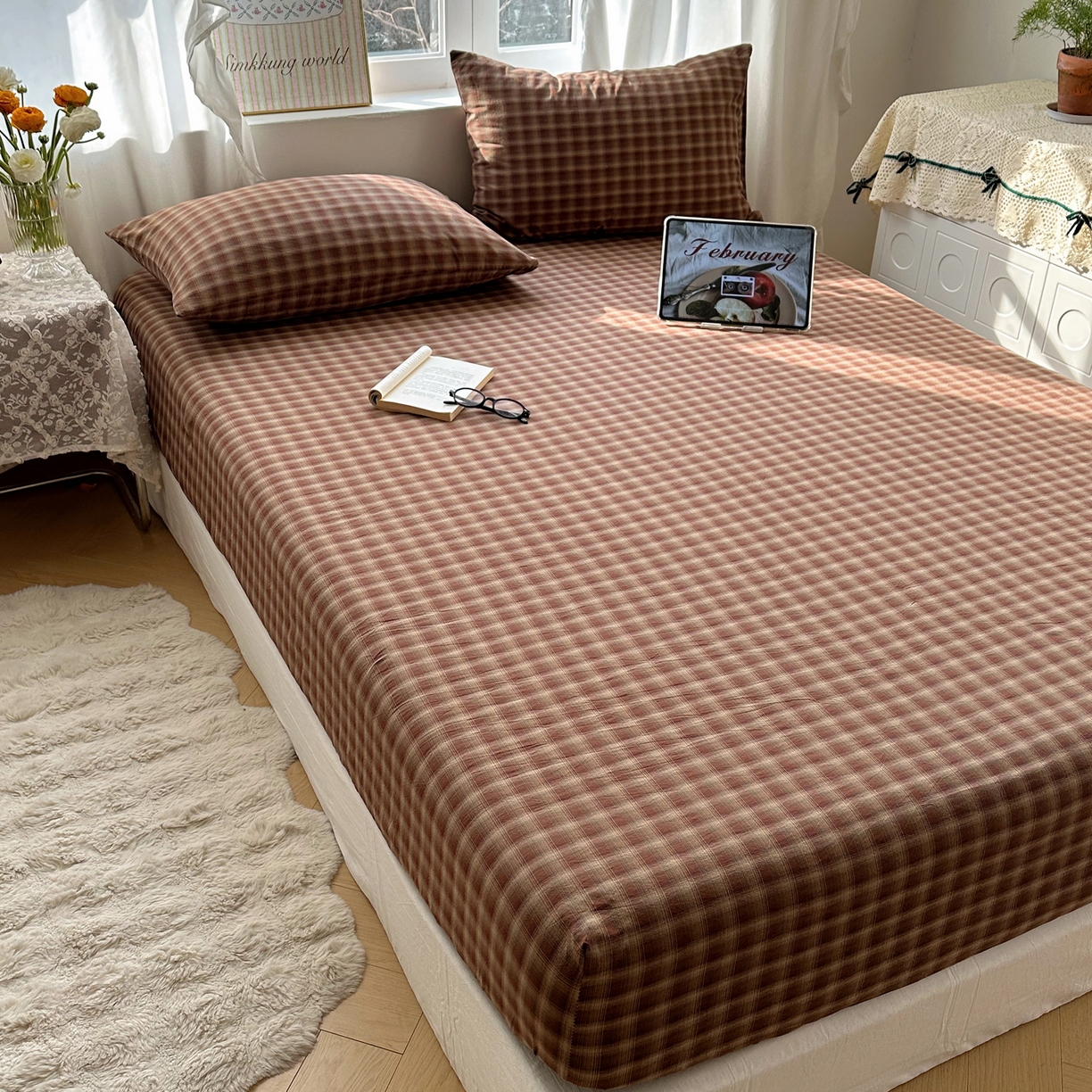 六巷胡同 2026新款A类全棉纯棉水洗棉色织格子单品床笠 床笠单件 巷往-红格