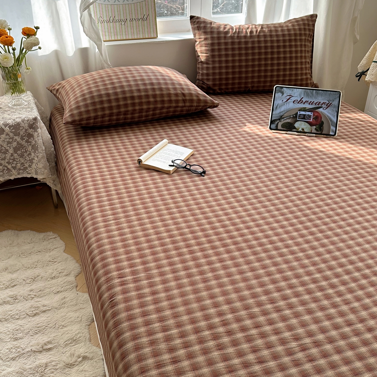 91家纺网 家纺一手货源 找家纺 六巷胡同 2026新款A类全棉纯棉水洗棉色织格子单品床笠 床笠单件 巷往-红格