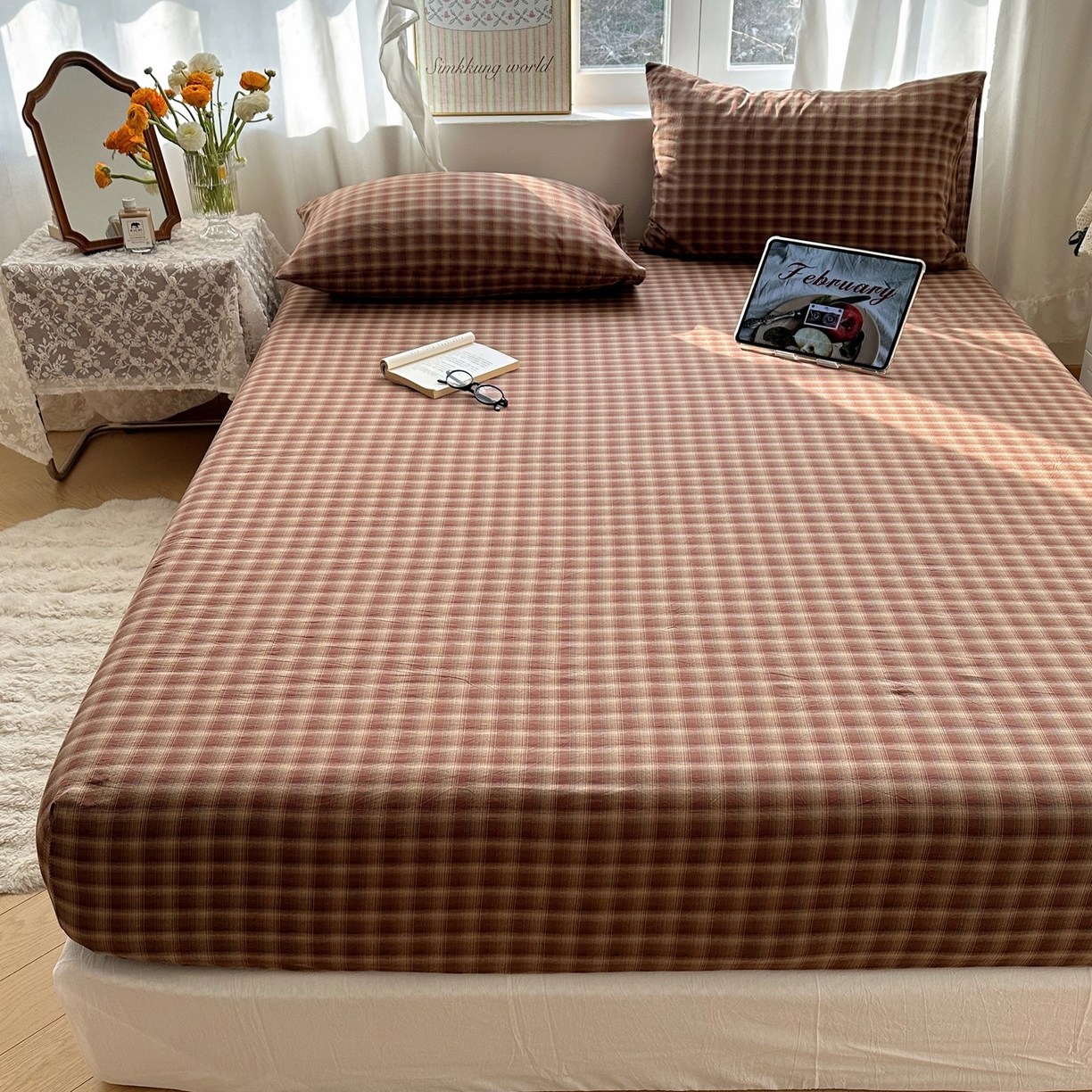 91家纺网 家纺一手货源 找家纺 六巷胡同 2026新款A类全棉纯棉水洗棉色织格子单品床笠 床笠单件 巷往-红格