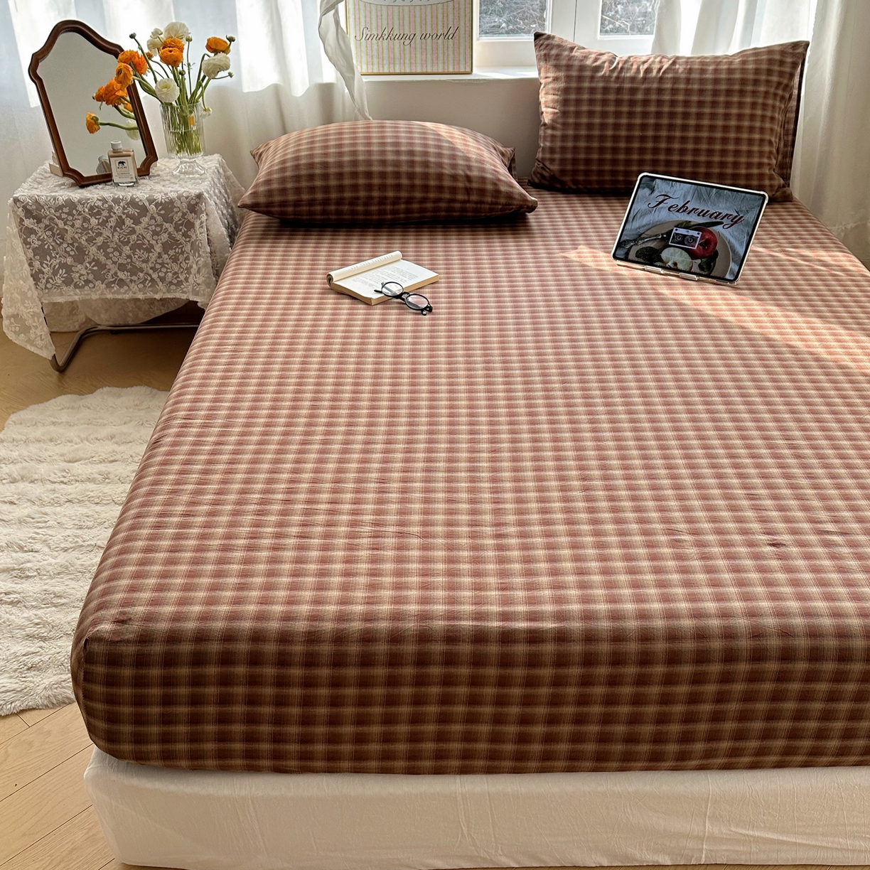 91家纺网 家纺一手货源 找家纺 六巷胡同 2026新款A类全棉纯棉水洗棉色织格子单品床笠 床笠单件 巷往-红格