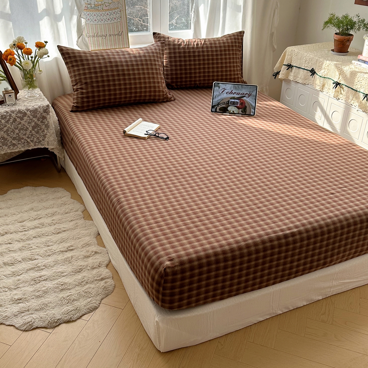 91家纺网 家纺一手货源 找家纺 六巷胡同 2026新款A类全棉纯棉水洗棉色织格子单品床笠 床笠单件 巷往-红格