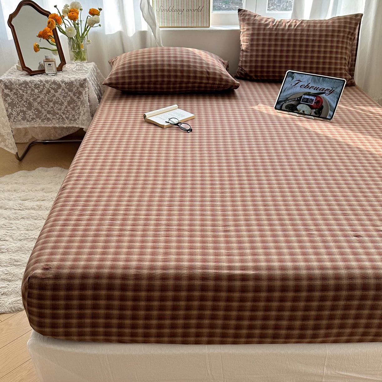 91家纺网 家纺一手货源 找家纺 六巷胡同 2026新款A类全棉纯棉水洗棉色织格子单品床笠 床笠单件 巷往-红格