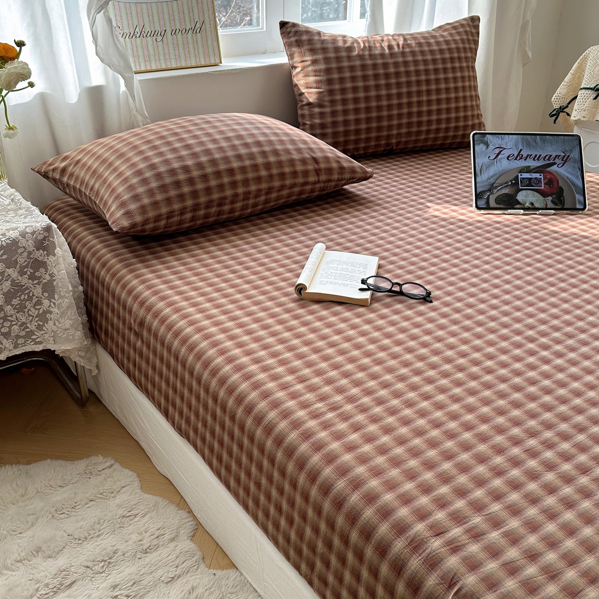91家纺网 家纺一手货源 找家纺 六巷胡同 2026新款A类全棉纯棉水洗棉色织格子单品床笠 床笠单件 巷往-红格