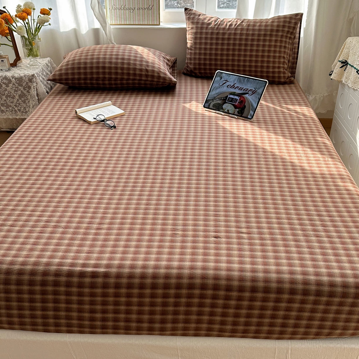 91家纺网 家纺一手货源 找家纺 六巷胡同 2026新款A类全棉纯棉水洗棉色织格子单品床笠 床笠单件 巷往-红格