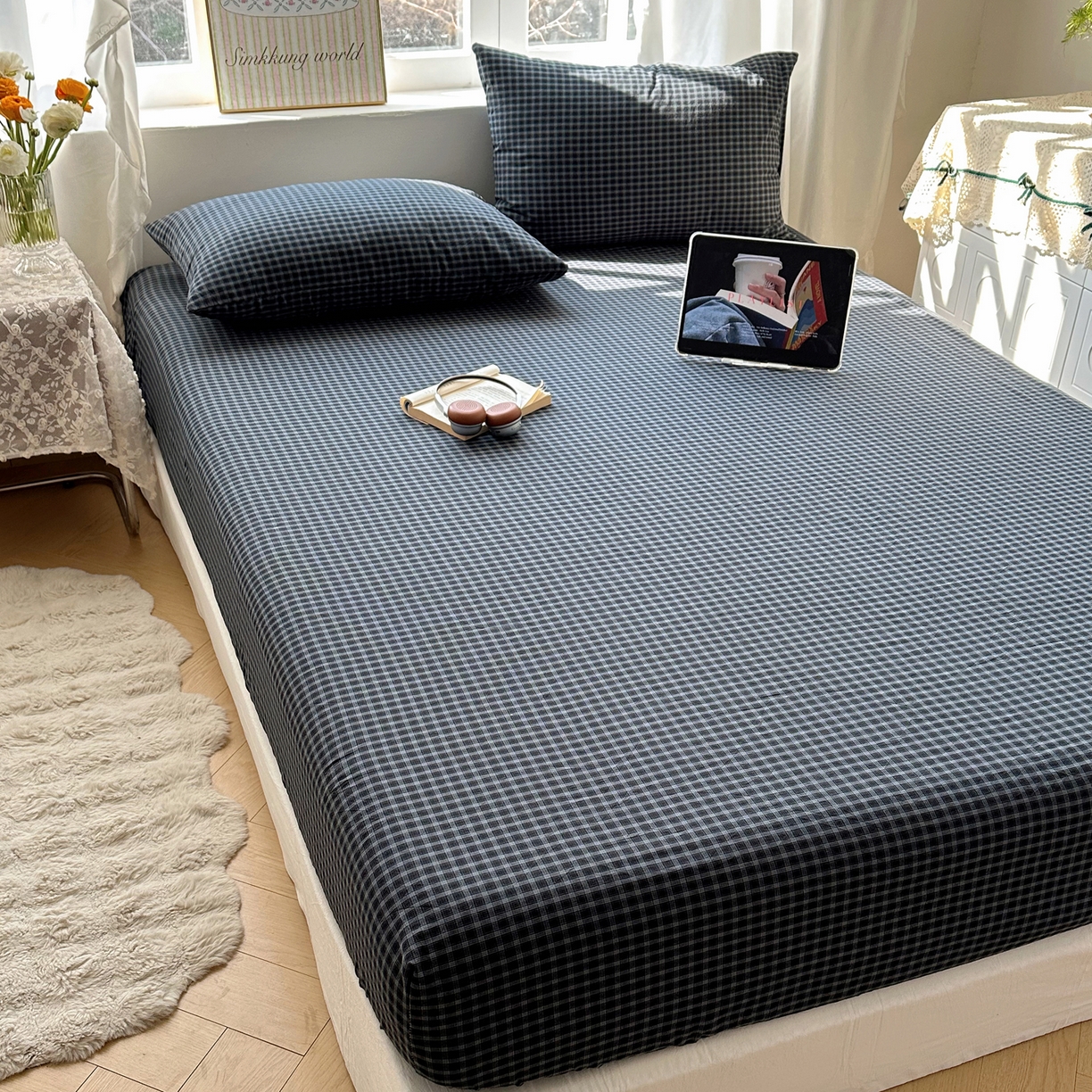 六巷胡同 2026新款A类全棉纯棉水洗棉色织格子单品床笠 床笠单件 追光-蓝格