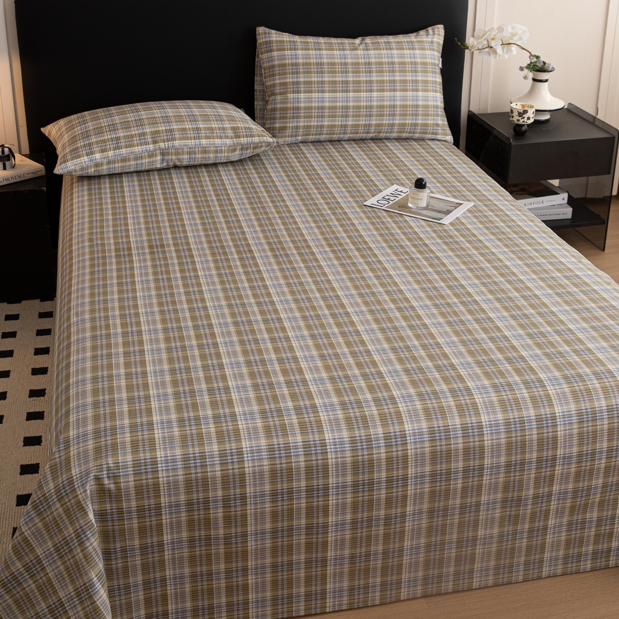 91家纺网 家纺一手货源 找家纺 简宜家居（朝初家纺） 2026新款40支13070全棉简约格子系列A版床单 抹茶格