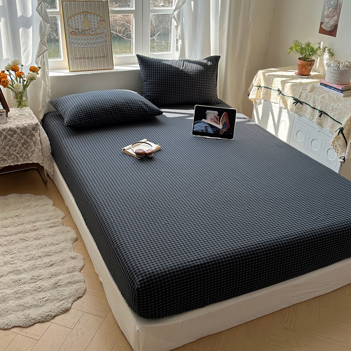91家纺网 家纺一手货源 找家纺 六巷胡同 2026新款A类全棉纯棉水洗棉色织格子单品床笠 床笠单件 追光-蓝格