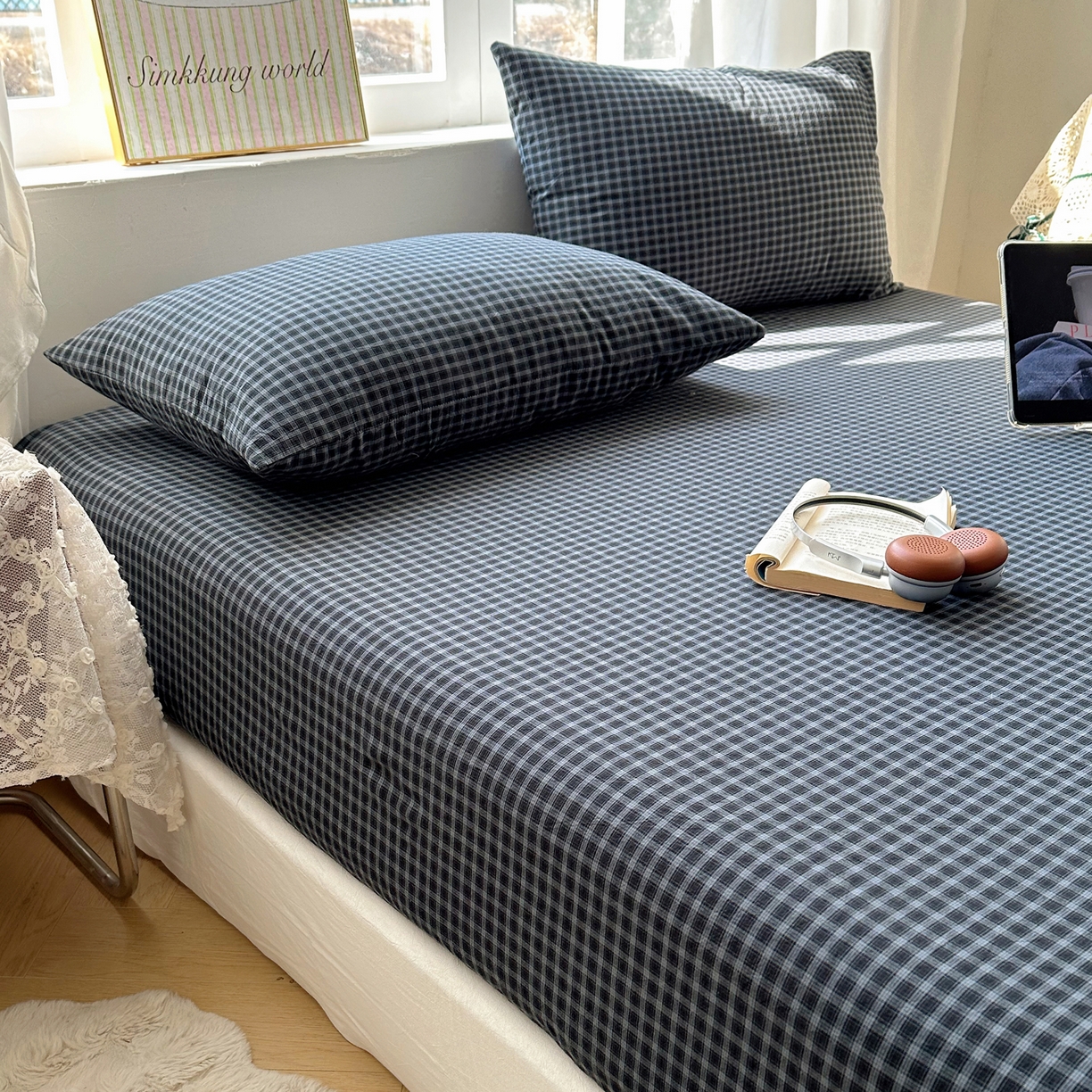 91家纺网 家纺一手货源 找家纺 六巷胡同 2026新款A类全棉纯棉水洗棉色织格子单品床笠 床笠单件 追光-蓝格