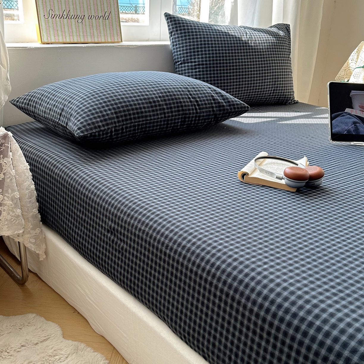 91家纺网 家纺一手货源 找家纺 六巷胡同 2026新款A类全棉纯棉水洗棉色织格子单品床笠 床笠单件 追光-蓝格