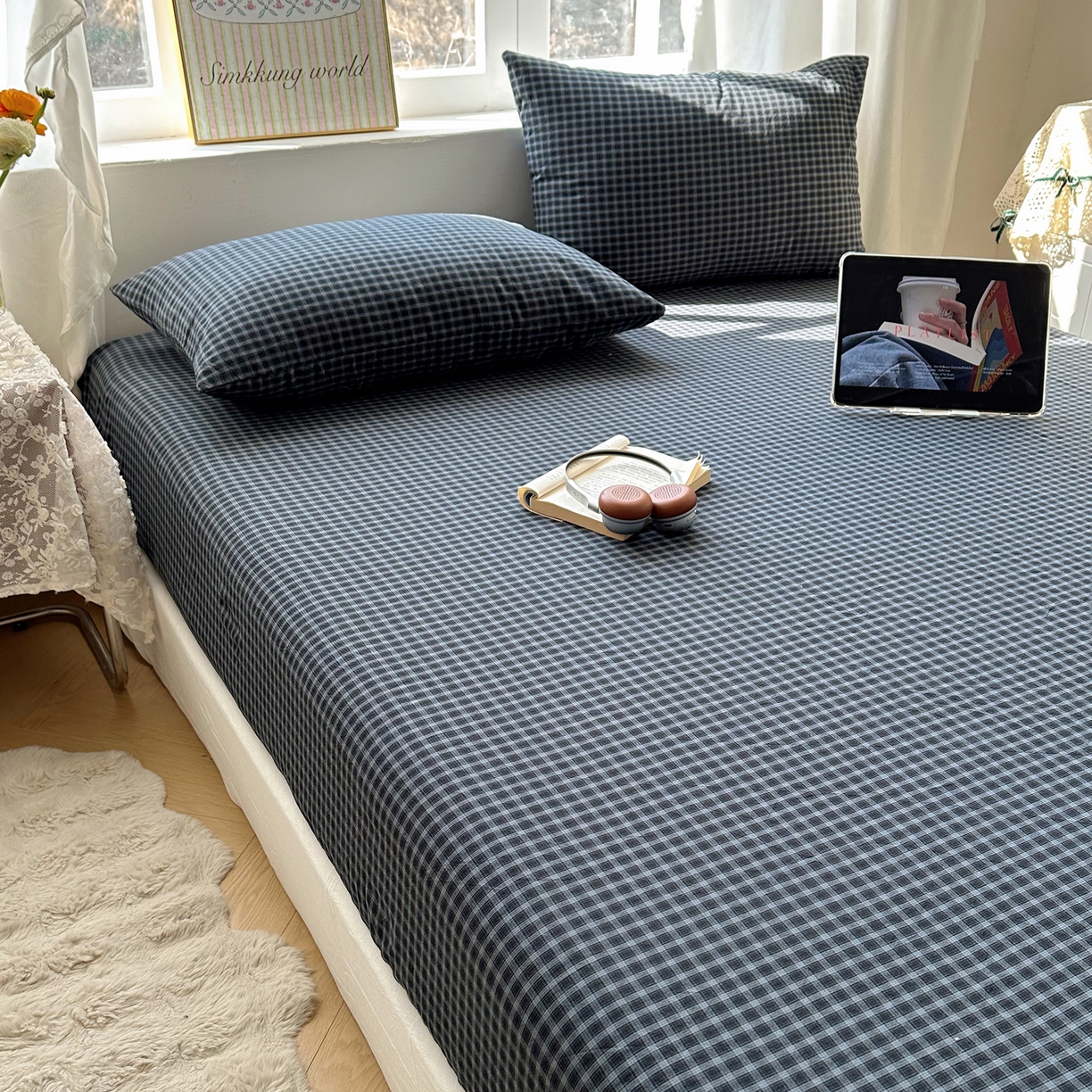 91家纺网 家纺一手货源 找家纺 六巷胡同 2026新款A类全棉纯棉水洗棉色织格子单品床笠 床笠单件 追光-蓝格