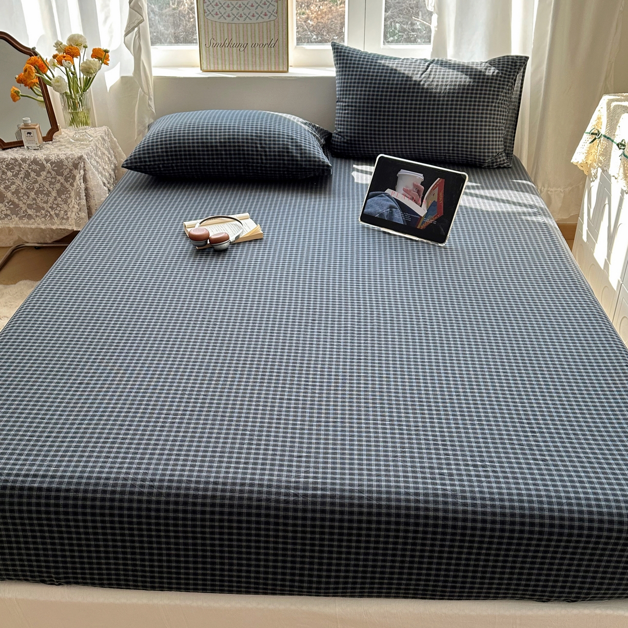 91家纺网 家纺一手货源 找家纺 六巷胡同 2026新款A类全棉纯棉水洗棉色织格子单品床笠 床笠单件 追光-蓝格