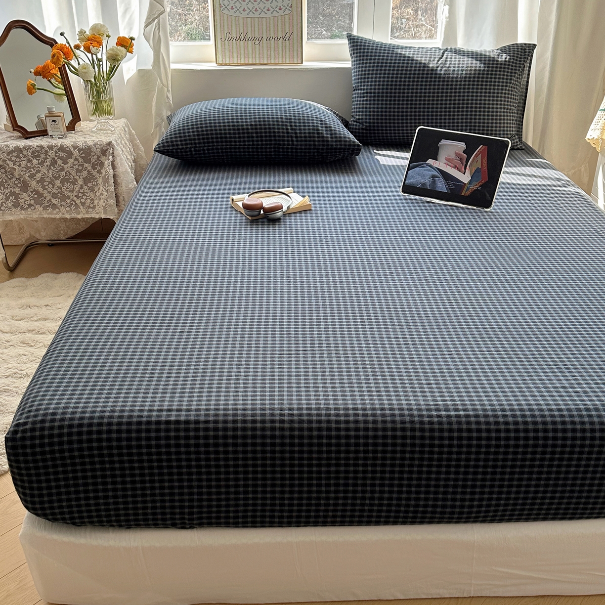 91家纺网 家纺一手货源 找家纺 六巷胡同 2026新款A类全棉纯棉水洗棉色织格子单品床笠 床笠单件 追光-蓝格